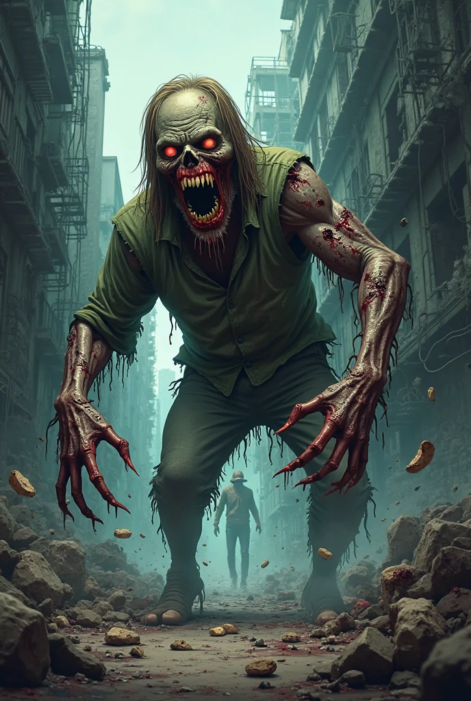 A brave couple fighting off zombies, surrounded by the undead, showcasing courage and determination."