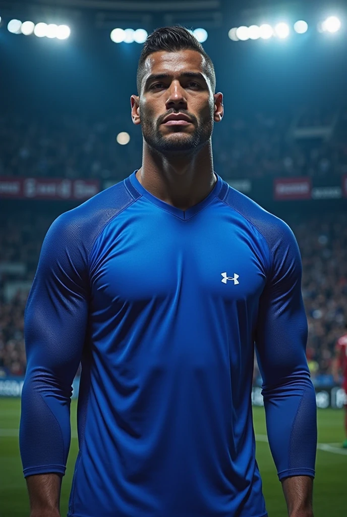 An English national football player wearing a blue uniform and black shorts