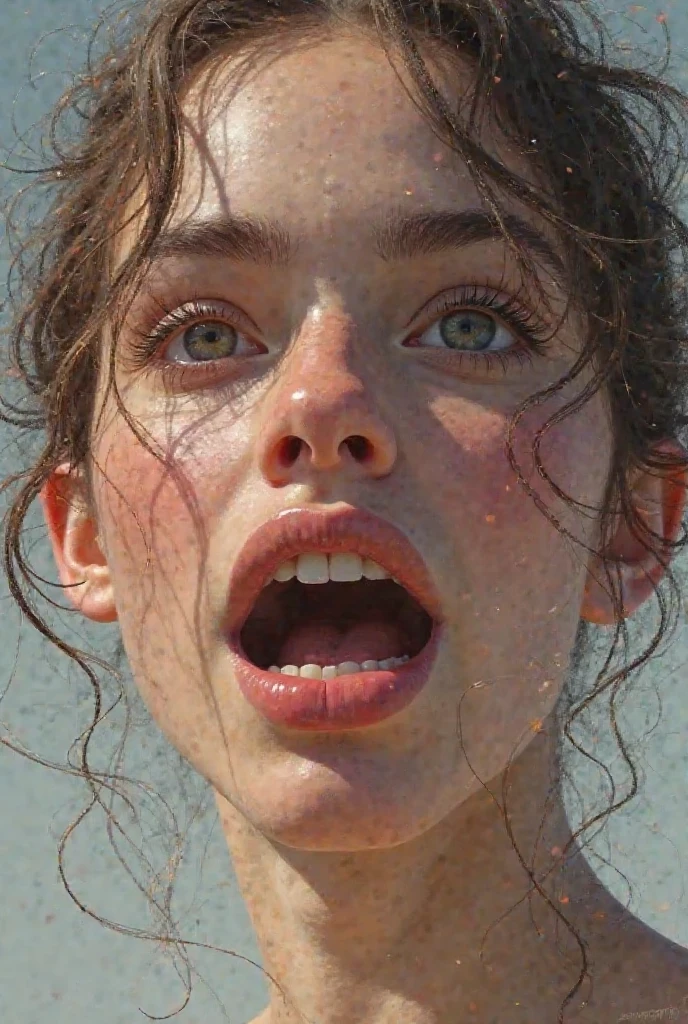 Top-quality illustration of a  in distress, (transform sequence), Wearing a brightly colored swimsuit, Sinking waist-deep into quicksand, (Blur the background: 1.2), Face contorted in fear and panic, limbs struggling to break free, Muddy hands clawing at the sand around, (Soio: 1.2), Aged around 8 or 9 years old, Shirt lifted above head, Skin covered in sweat and mud, Lungs gasping for air, Eyes wide with terror, Help! Cries echo through the stillness, Darkening sky hinting at an encroaching storm.