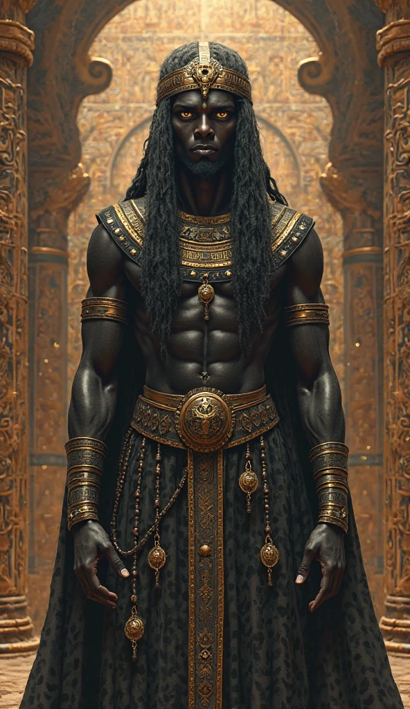 african man with a beard, gold belt, circular background, egyptian prince, black thor, kemetic, african mythology, male warrior, wakanda, nigerian, highly detailed, ultra-realistic, cinematic lighting, dramatic pose, warm color palette, volumetric lighting, hyper-realistic skin, intricately detailed clothing, ornate jewelry, mesmerizing gaze, powerful and commanding presence