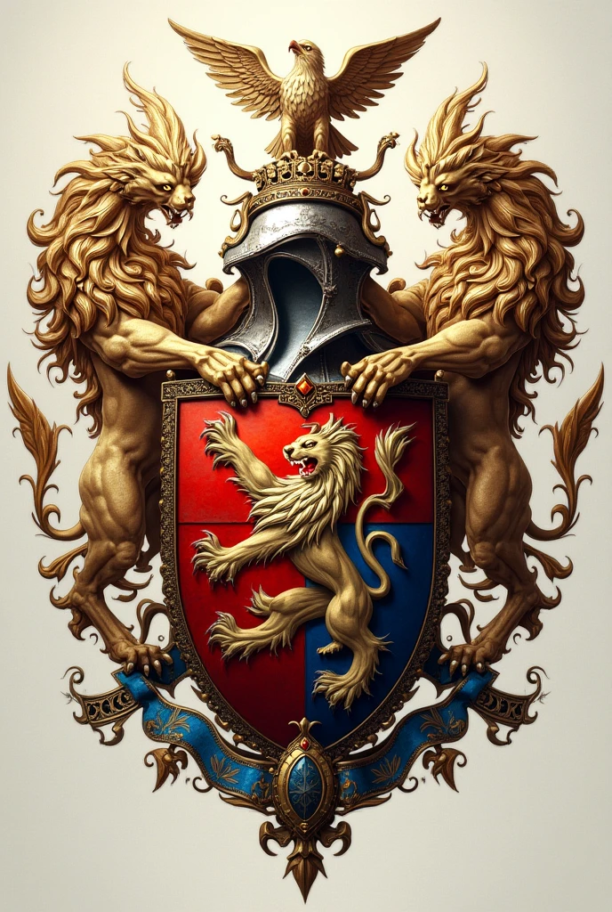 Create a family shield divided into four, with a red Calatrava cross charged with five silver scallops and azure and silver wave tips, rampant lion and the green tablecloth, goat on a field of gold, golden fleur-de-lis and a black wolf of saple, with the colors red, dorado, blue and green