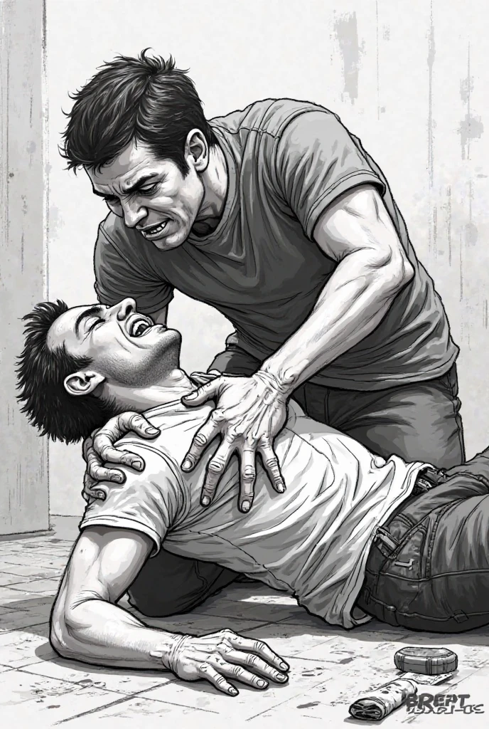 On the floor a man cuts his friend's heart out of his chest with a knife, set in the time of ancient Ayacucho drawn in pencil