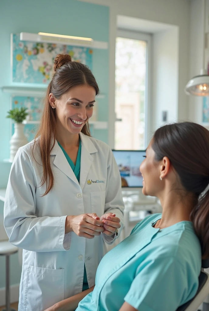 /Imagine a professional dentist caring for a patient, placing orthodontic braces in a modern dental office