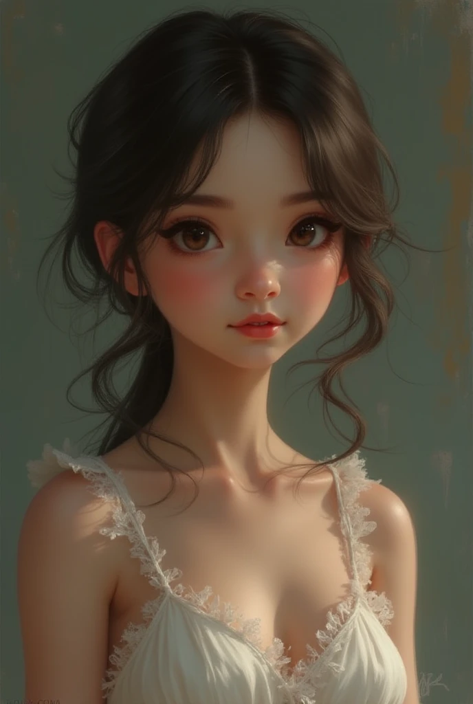 A skinny girl wearing a pink dress, half Japanese, half French.　Small face and double eyelids　A charming smile with plump lips　A 20-year-old girl with brown, loose curls