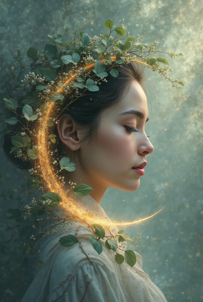 32k, Masterpiece, Highest quality, One girl, Brown Hair, Detailed eyes, flower,Amaryllis, Blue and green style,A dreamy, romantic piece,Pale yellow, Mysterious Leaves,A playful arrangement,Fantasy,High Contrast,Ink strokes,explosion,Exposure, Impression of blue and green tones,Abstract, Brush strokes,Negative Space, Tyndall effect