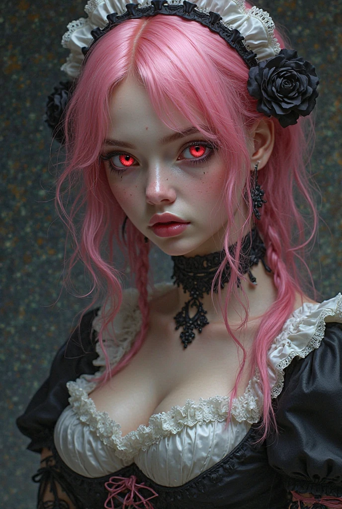 One person, Pink eyes, Anatomically correct, High resolution, Twin tails, magenta hair, Purple Hair, Neon green mesh hairstyle, Slanted Eyes, Solemn, Contemptuous eyes, Character Design, Magenta Goth