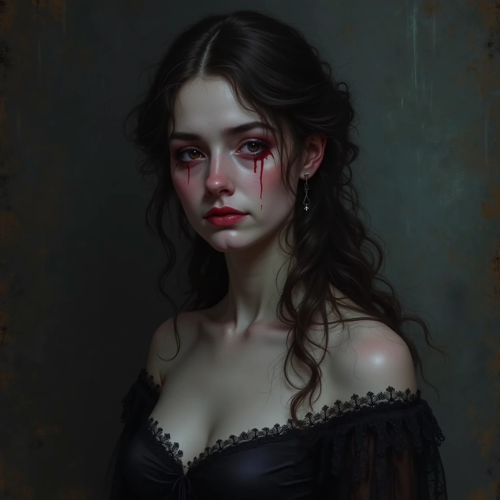 "Create an image of a gothic, curvy vampiric woman with pale skin and dark, dramatic makeup. She has blood dripping from her mouth, which accentuates her sharp fangs. Her eyes are shadowed with dark eye makeup, giving her a menacing yet alluring look. The woman is dressed in a revealing, intricately designed black corset with lace detailing and a deep neckline. She wears a dark veil over her long, tousled hair, partially covering her face, and a jewel adorns her forehead. The background is a shadowy, ancient gothic cathedral with tall, carved stone pillars. The image should be in a black-and-white, grayscale tone, with high contrast to emphasize the dark and eerie atmosphere. Add subtle, dark red tones to the blood for a striking effect. The image should convey a sense of horror, mystery, and dark beauty."