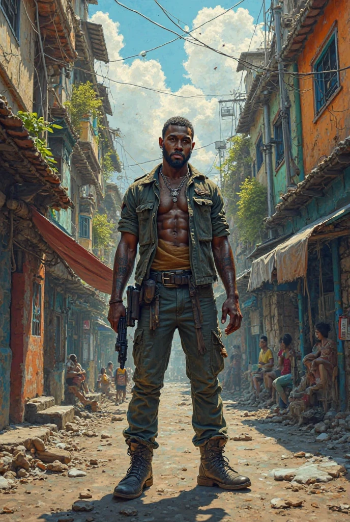 image depicting the favela, boy with a gun (ak47), shirtless boy, with scar, full body image, (extremely detailed CG unit 8K wallpaper, Artwork, best quality, ultra-detailed, hdr:1.2), in flip-flops, houses underneath one another, brick, mud floor, scar on the leg, house hallway.