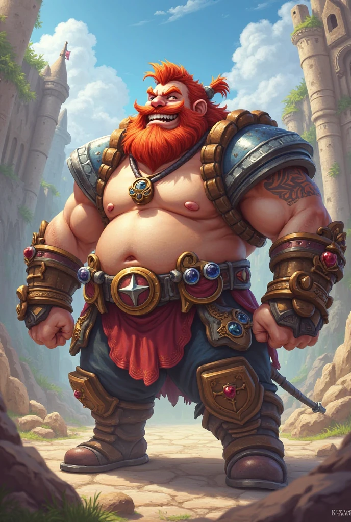 create a fantasy dwarf rpg. A corpulent dwarf, with medium beard and braided hair, both redheads. He has a large tattoo on his left arm. He wears a necklace with a large amethyst around his neck., given by his father as a symbol of good luck.
He carries a magical grimoire and wears a belt with a metal buckle engraved with a goat..