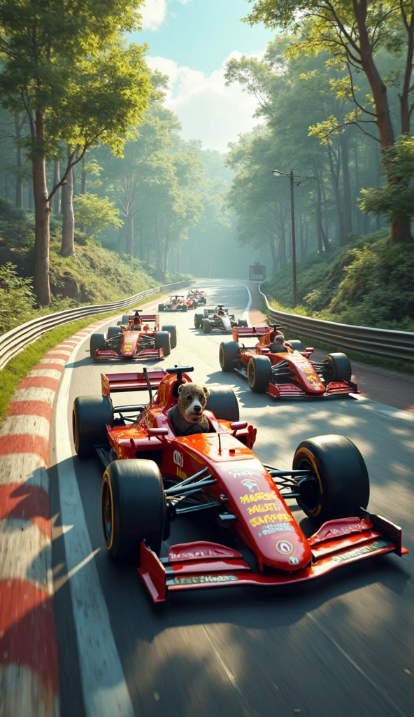 A F1 race in a forest with animal drivers, very realistic.