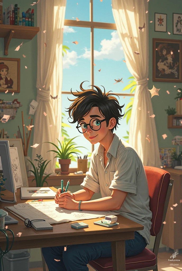 1 white boy with green eyes and disheveled black hair smiling looking out a window sitting at a desk next to a balcony with a paper notebook with drawings