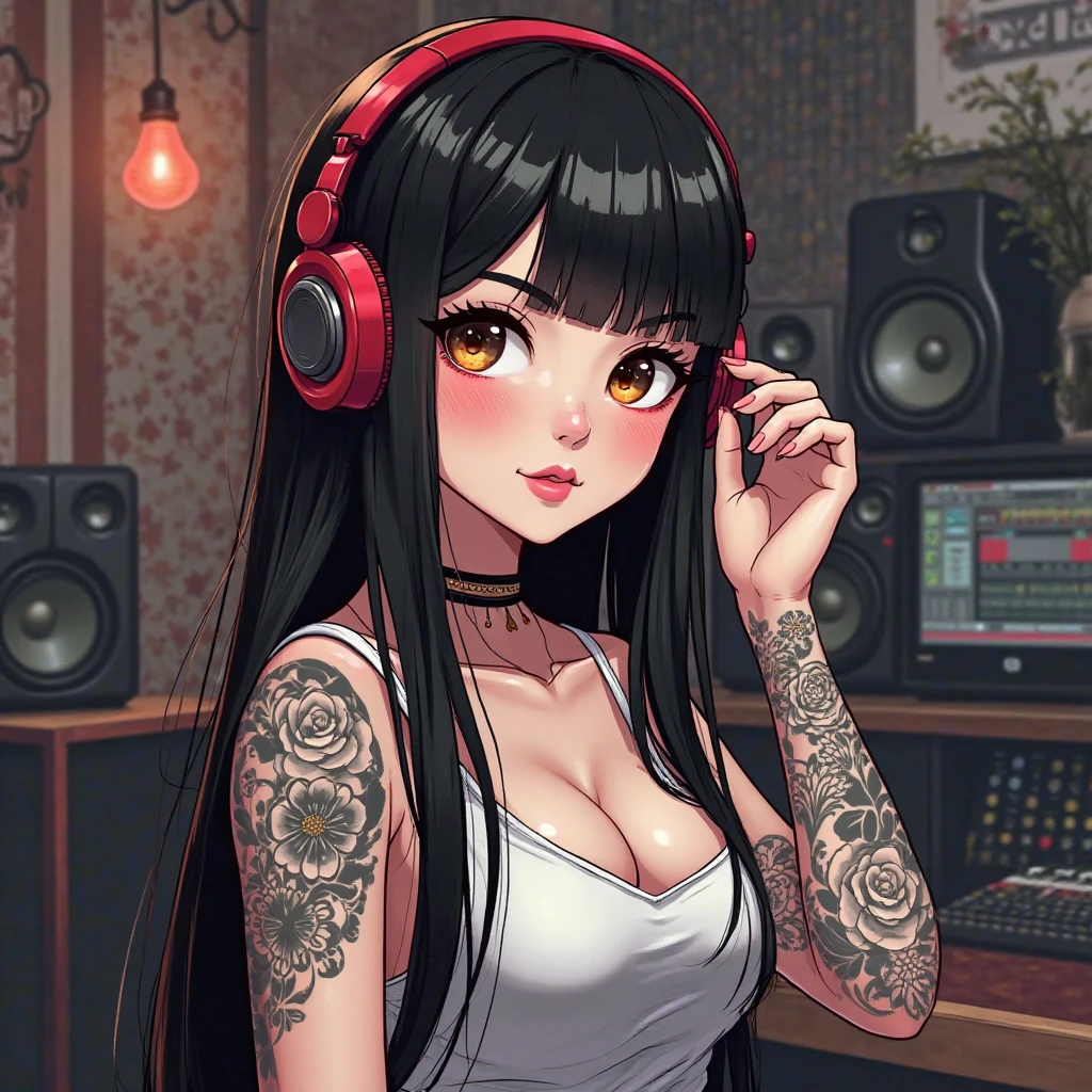 A beautiful and sexy artist girl, black hair, yellow eyes, dark skin, wearing headphones a hoodie graphic t-shirt and torn skinny jeans, huge gigantic tits, cleavage showing, tons of tattoos and piercings, sitting at her drafting table, drawing a pencil sketch of a highly detailed super hero in her sketch pad, in an art studio, highly detailed background, perfect masterpiece, high quality, high resolution
