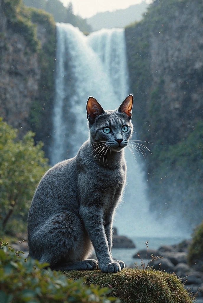 Limp beautiful gray flecked cat with dark blue eyes in front of a ...