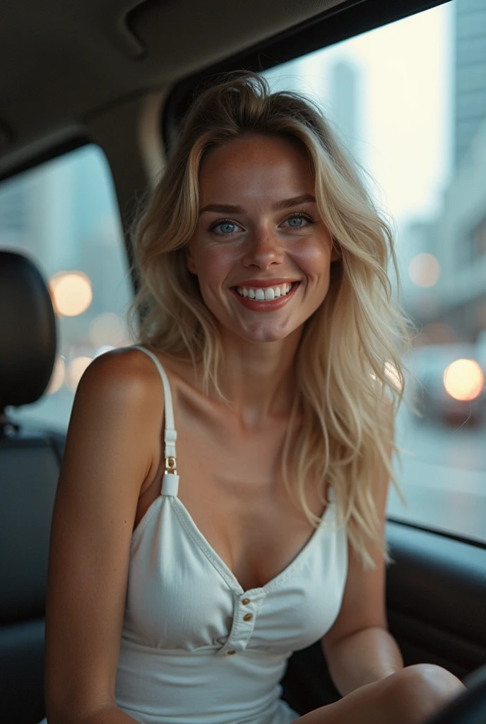 a beautiful bblonde woman, Smiling, driving in a car freckles, straight dark hair, detailed face, wearing bikini, ultrarealistic
