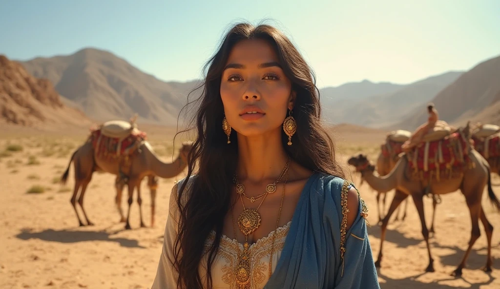 a beautiful arabic woman holding an eagle, detailed face, detailed eyes, long eyelashes, beautiful lips, golden jewelry, ornate headpiece, intricate embroidered clothing, flowing fabric, desert landscape, warm lighting, photorealistic, highly detailed, cinematic, dramatic, vast desert background