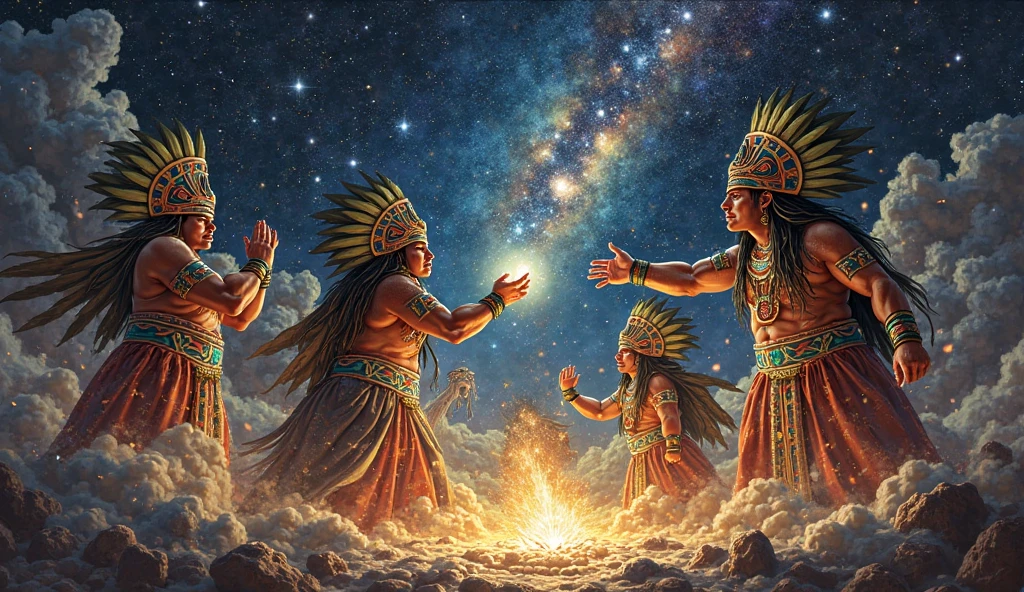 Cavemen worshipping a sun like pattern at the center. With prehistoric art style