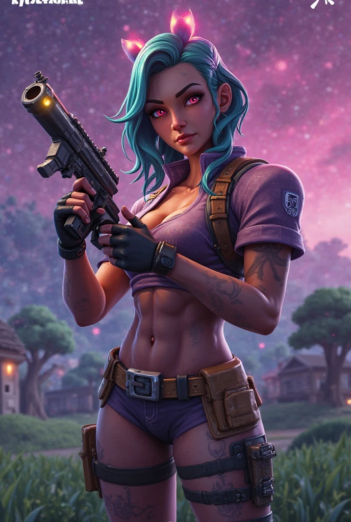 1 girl, Sombra from overwatch, (dark skin female:1.3), naked, medium breasts, sweating a lot, black eyes, upper body, confident, looking at viewer, tongue out, pistol in hand, pointing at viewer, forest background