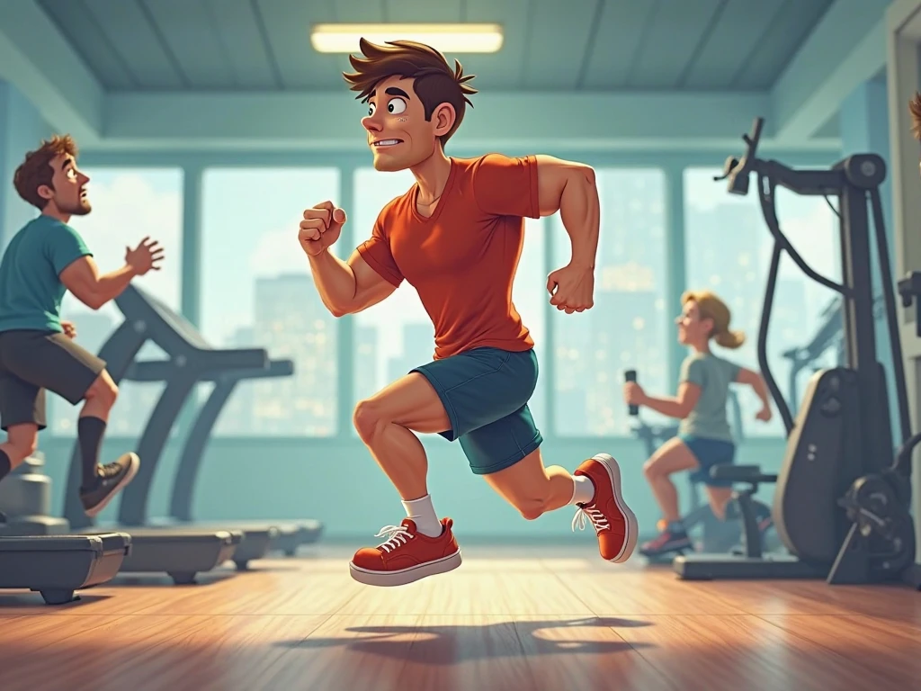 Animated image of young man in the gym jumping rope with several machines around listening to music and people 
