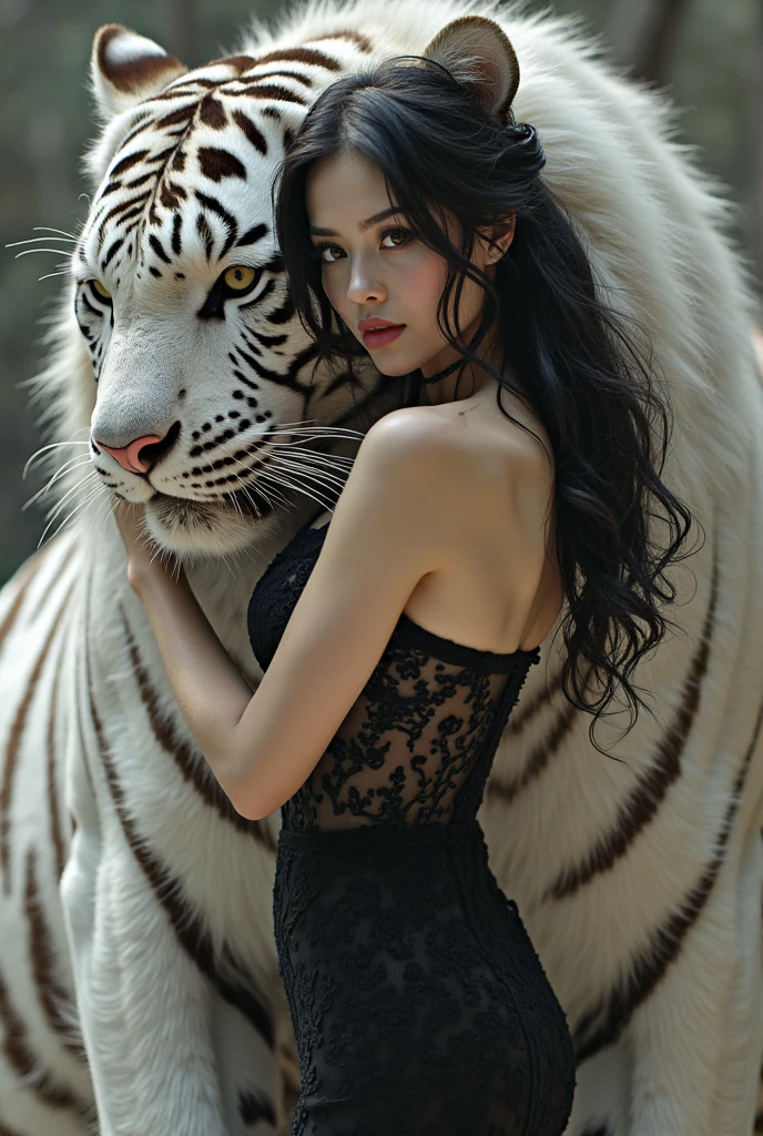Mature Woman、((Gray Hair))、(((Two-tone hair)))、(((Detailed design)))、((White Chinese dress with embroidered white tiger))、((A wall with a white tiger painted on it))、Slender women、Cute Woman、 8K Ultra HD,Detailed face、Delicate texture, Long Hair、(((Blunt bangs)))、(Thigh-length stockings)、mini skirt、Chinese atmosphere、((Delicate photo)),(Girl Astepeace RAW Photo Details:1.25), (highest quality:1.6), (超A high resolution:1.5), (Realistic:1.75), 8K resolution, Canon EOS R5, 50mm, Absurd, Very detailed,Cinema Lighting