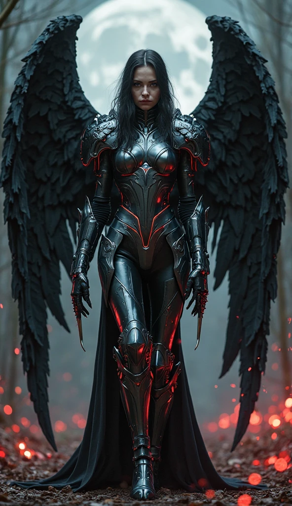 hyper realistic high definition photography image of a angel woman wearing a chrome suit, the suit looks futuristic lights up and studded with silver crystals ,shining silver wings, long silver glistening gothic looking sword stuck in the ground in striking style, tail and thin, long leg, immersed in some kind of fantasy, red background, very low light, each detail in high definition, full body shot, upward view, uhd