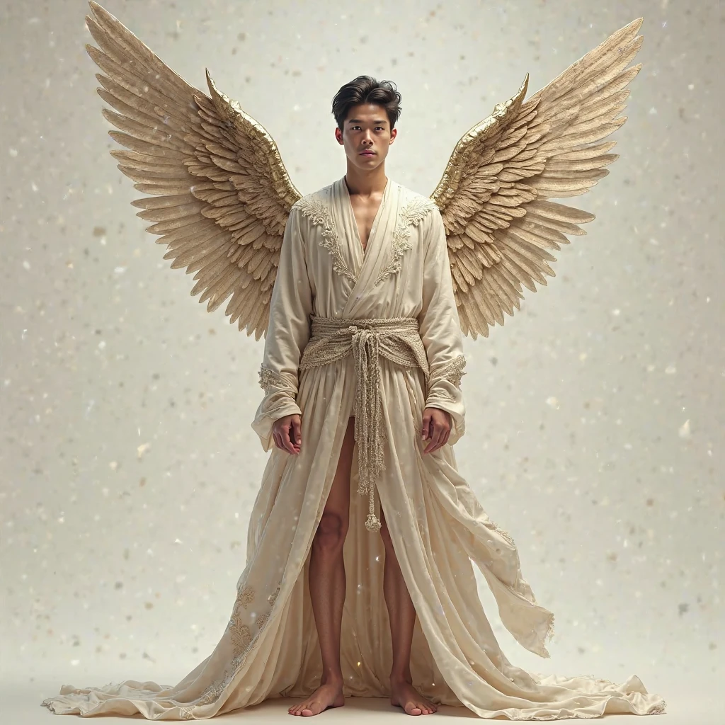 A young Thai-Korean man with short white hair and very large, thick, white angel wings that are folded behind his back, standing in the middle of a waterfall that falls straight down onto his head, beside a quiet forest water source. The water is clear, blue-green, with beautiful pleated wings. Flowers and gems with long, detailed, hers to touch the water, making the water droplets flow through the quiet and lovely atmosphere. The light flows and through the trees to create a distant forest. The background light reflects the aura. An angel with folded wings, the highest resolution, the clearest image, professional photography, realistic, soft, 3D, 4K, 1080 HP, unreal engine 5+realistic