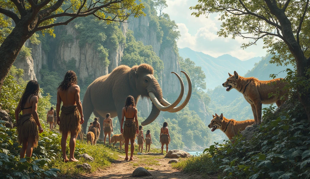 A girl in a primitive outfit with other girls fighting a mammoth in a thicket NEAR a swamp with mangroves and a mermaid in the swamp with a dinosaur nearby