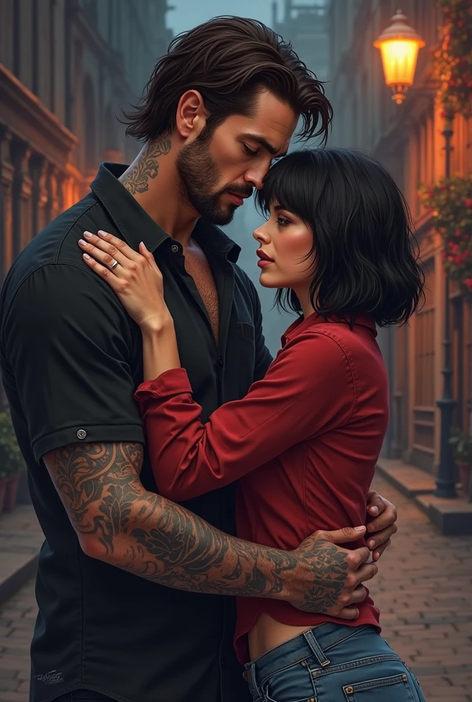 Create an image of a young man with mature brown hair. 30 years old. With a 35 year old woman with medium black curly hair . They both have tattoos on their arms. They are sitting on the sidewalk in the street. looking into each other's eyes. Realistic image . They are both tattooed.