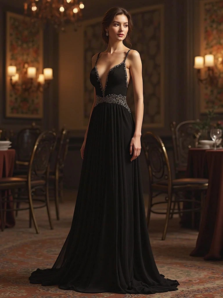 a woman in a black dress walking down a sidewalk, black gown, shiny black dress, luxury dress, wearing a sparkling dress, revealing stylish dress, strapless dress, wearing an evening gown, emaciated black evening gown, sexy gown, elegant dress, full length view, astral dress, long luxurious gown, long gown, extravagant dress, gown. 18-year-old Brazilian young woman, She is 5 feet 7 inches tall, She has a slender face, se has freckles, she has bob haircut.", she has tanned skin, she has a 90E bra size, She has a slim waist, she has big buttocks