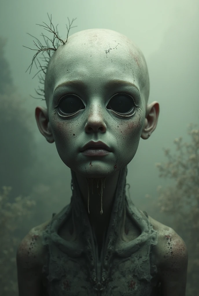 Best image quality, masterpiece, creature with round human face, crying expression, sitting with arms around legs, snowy forest background, detailed skin expression, detailed image texture, eerie, horror, creepy atmosphere (not AI image), cloudy weather.