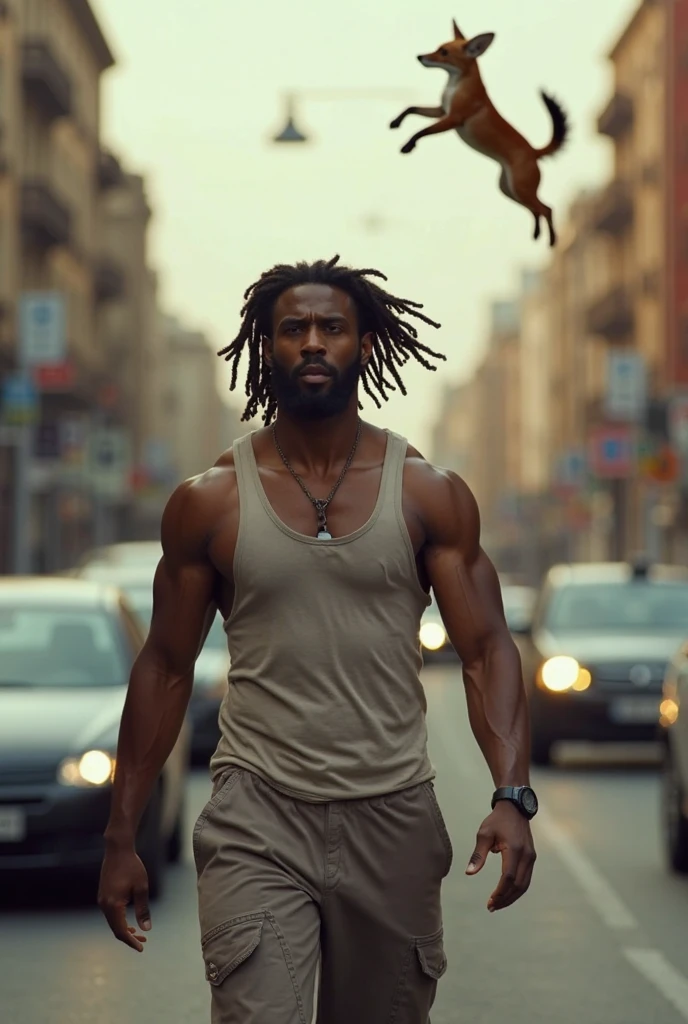Group of men from different ethnicities muscles, in a park doing calisthenic exercises,  with a black man with rastafari dreadlocks in the front