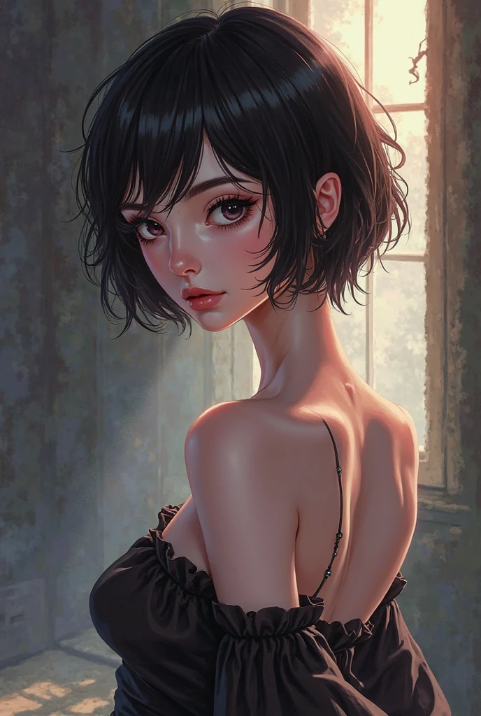 Shot from above、Monochrome tone、High Detail、Edge Detection、sharpness、High contrast、Highlight、A beautiful young girl、a small face、a small face、cleavage of the breast、Off-the-shoulder dresses、simple dress、Rim Lights、Cinematic Light、ultra-wide-angle、