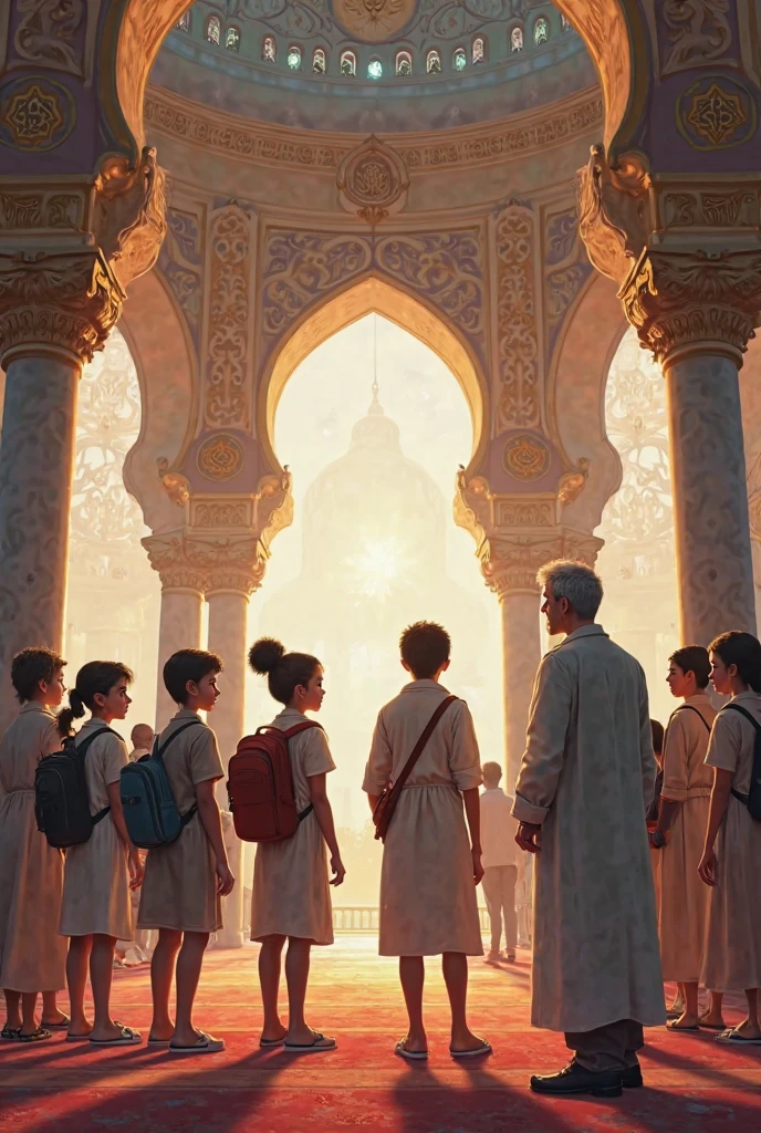 At the break of dawn, the Islamic children boys were preparing for an exciting journey to the grand city that had preserved its secrets for centuries. They had heard much about a great man who had dedicated his life to serving religion and knowledge, and they were eager to discover more about his life and works through an extraordinary expedition.

The journey began with the cool morning breeze, as the children moved along winding paths surrounded by dense trees and crossed calm rivers that mirrored the blue sky. Each step brought them closer to the city known for its ancient university and renowned scholars.

When they arrived in the city, it felt like a place out of legends. The wide streets bustled with life, and the grand buildings hidden behind high walls gleamed under the sun’s rays. As they walked toward the grand school, they felt like they were entering a world filled with wisdom and knowledge.

From a distance, the school enchanted them with its beauty. Its buildings resembled palaces, with large windows and ornate doors. Sunlight reflected off its domes, making it look like a masterpiece painted by a skilled artist.

The children entered the school, full of excitement and wonder. Immediately, they headed to the vast library, which resembled a kingdom of books. The tall walls were lined with countless shelves of books, some old, carrying the scent of history, and others new, full of life. In the center of the library, there stood a distinctive book that stood out from the others, titled *Conduct and Excellence*.

The book seemed surrounded by an aura of magic, as if its letters were telling stories of piety and virtue. The children approached it, feeling as though they were about to uncover deep secrets that had been hidden from them.