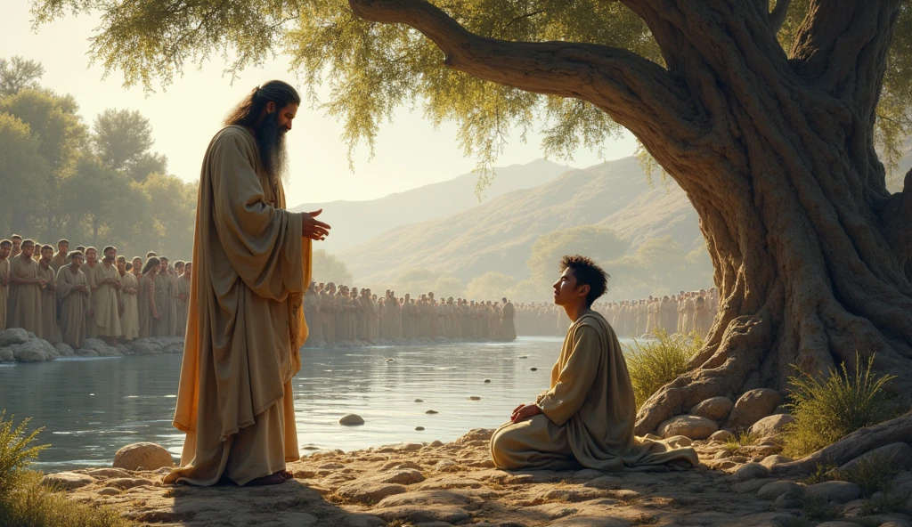 Epictetus Teaching Under an Olive Tree:
Prompt: "An older man dressed in a simple robe stands under a large olive tree, teaching a small group of attentive students. Sunlight filters through the leaves, casting a warm, gentle glow over the scene. The students sit on the ground, listening intently, as the teacher speaks with wisdom and calmness."