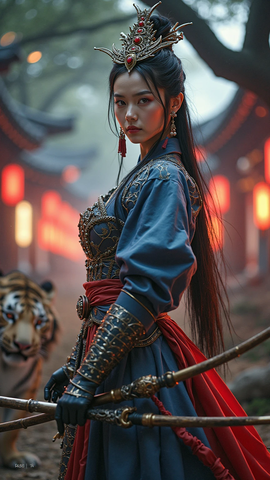 A warrior prince.
She is an American and a 1 teenager..
Her medium black hair with red tips and her blue eyes.
The prince's clothing must be black with red. Behind him is a black dragon phoenix..
It must have American features..