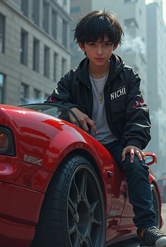 A boy with car future stick background realistic face 8k