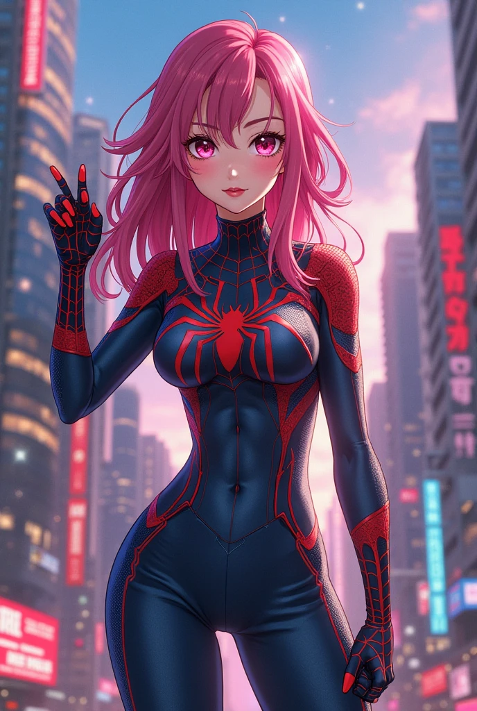 ((masterpiece, 8K, 3D, Realistic, Super Detail)), (1girl:1.3), slender 17 age, Ultra Micro photography, Super realistic, Perfect face, Beautiful features, ((Perfect female body)) Beautiful features, ( body), ((small hip)), Lisa Blackpink as Pink as Spiderman ((Exposed thigh)), Exposed Skin, Front Full body Shot, full body portrait, futuristic city background
