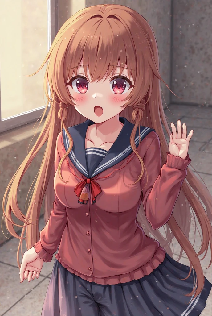 ((masterpiece、4K、8K、highest quality: 1.perfect fingers: 1.perfect anatomy: 1.3、background blur))、((Super precise expression))、,((16 years old、thin、small face、super beautiful girl、brown hair、straight long hair))、((Blazer school uniform one piece swimsuit、barefoot)):1.3、barefoot、cute eyes:1.1、(Blushing and embarrassed:1.3)、(Are standing、whole body:1.5)、(Summer blue sky、sunlight、white sand beach)、
