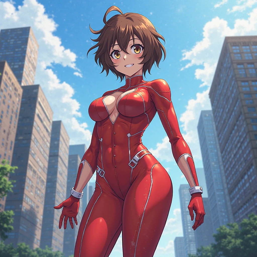 1girl, medium breasts, leotard, red leotard, bare legs, tight belt, boots, gloves, city backdrop, solo, single, hands on hip, standing, full body shot, cowboy shot, superhero, beautiful detailed eyes, power