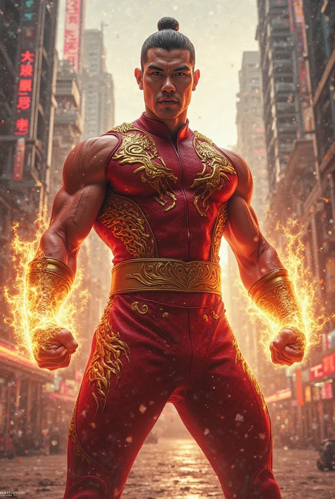 1man, shirtless, martial arts, yellow half spider man mask, white eye patterns with black outline, muscular, green costume, yellow belt and boots, burning fists, black dragon tatto shapes into a circle, dragon aura, mystical city background