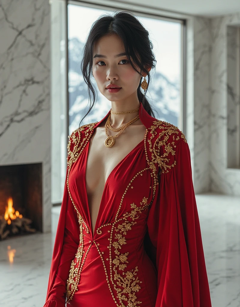 beautiful chic business woman, stately, stately chinese woman, elegant gown, red form fitting dress, long sleeve dress, black pencil skirt, deep v, delicate gold necklace, delicate gold body chains, chic and stylish, stately and mature, powerful executive, delicate bangle, wearing a short cape, busty, beautiful woman, cold lighting, asian woman, cleavage, short cape, gold chain embroidery, brutalist white marble room, gold buckles and chains, bay window, gold wireframe harness, snowy mountain peaks outside, slutty and kinky, body chains, portrait, portrait of a beautiful woman, mountains visible through window, small warm fireplace, bay window, ebony furniture, beautiful and powerful chinese woman, delicate body chains, confident and powerful, gold necklace, seductive and confident, pale skin, brutalist superstructure, vast brutalist room, ((lots of jewelry and chains)), cleavage, black hair, in front of skyline, busty, confident and powerful, stately outfit, slutty dominatrix, snowy brutal mountains outside,
