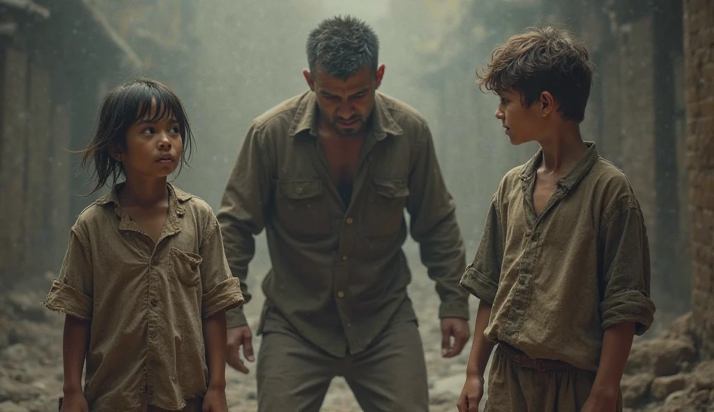 A father protects his children from flood waters.
