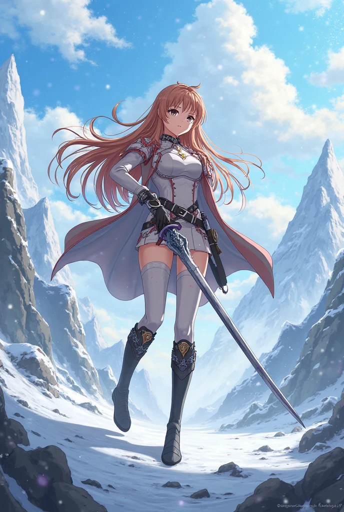 Detalhes extremos, Impeccable, Aerial view, Como uma obra de arte, Menina anime segurando gelo e espada de neve, Cabelo rosa e saia longa roxa se complementam, olhando para a distante Ayaka Genshin, conduzindo-nos ao mundo de Genshin.
