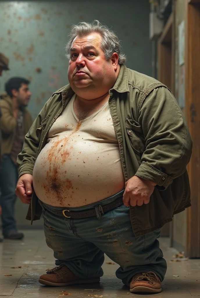 30 year old burly mechanic with a protruding belly wearing an orange uniform, he is leaning against a car and masturbating with his erect penis in his hand, dirty with oil and grease, dramatic and cinematic lighting, dirty man, dirt