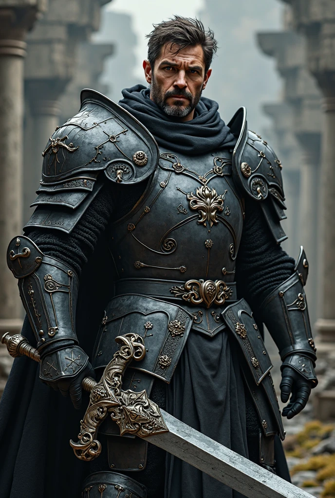 extremely detailed 8k wallpaper), intricate, highly detailed, dramatic, The Dragon Lord wears highly detailed black steel shoulder pads that look like dragon heads and are adorned with shimmering silver trimmings and ornaments, an overlying gray cloak with an extremely beautifully detailed large hood that goes deep drawn into the young bearded face, extremely detailed gray feathered wings with translucent velvety red membranes, insanely realistic graphics, insanely detailed details, ultra realistic and highly detailed heavy black steel armor with lustrous silver glitter detailing on a silver gray tunic, extremely detailed heavy black armor Steel gloves, steel boots with reinforced shiny silver decorations, in a vaulted hall during the leisurely stroll through the somber cathedral on a red velvet carpet, (shown perspective from above) during the passage of a sombre, multi-windowed vaulted passageway through the gleaming light falls,