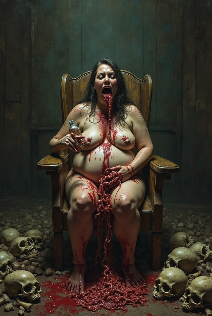 The picture shows one naked chubby gypsy woman with a zombie-like appearance, Under heavy drugs, Serious mental illness written on her face, Showing her pussy, Skinny body, prominent veins on her neck legs and hands, Sad, Sprayed with man's sperm on pussy, Less than four percent subcutaneous fat, Beautiful open pussy, Realistic pussy, Post-apocalyptic world, Shines on the pussy, Only one woman in the picture, Ugly environment, Ugly scenery, Abandoned well-equipped operating theater circa 1920, Ruined room, Woman looking at camera, Woman in center of picture, Realistic, Spread legs, Beautifull wet pussy, Extra thin legs