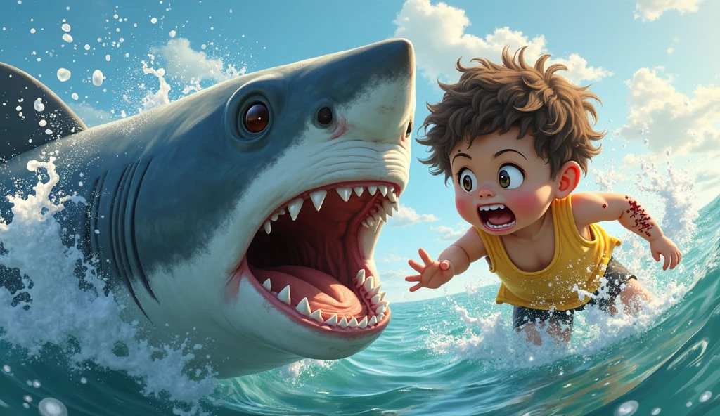 Here is a prompt:
"A brave named Timmy is on a mission to save his terrified white furr cat, Whiskers, from the jaws of a fierce shark that has suddenly appeared on the beach. With a surge of adrenaline and a quick thinking, Timmy uses his surfboard to defend Whiskers and chase the shark back into the ocean."The boy killed the shark and saved the cat
Would you like me to generate an image based on this prompt?