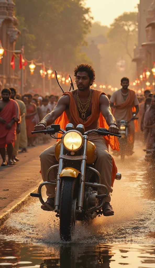 Krishna riding motorcycle looking at girls