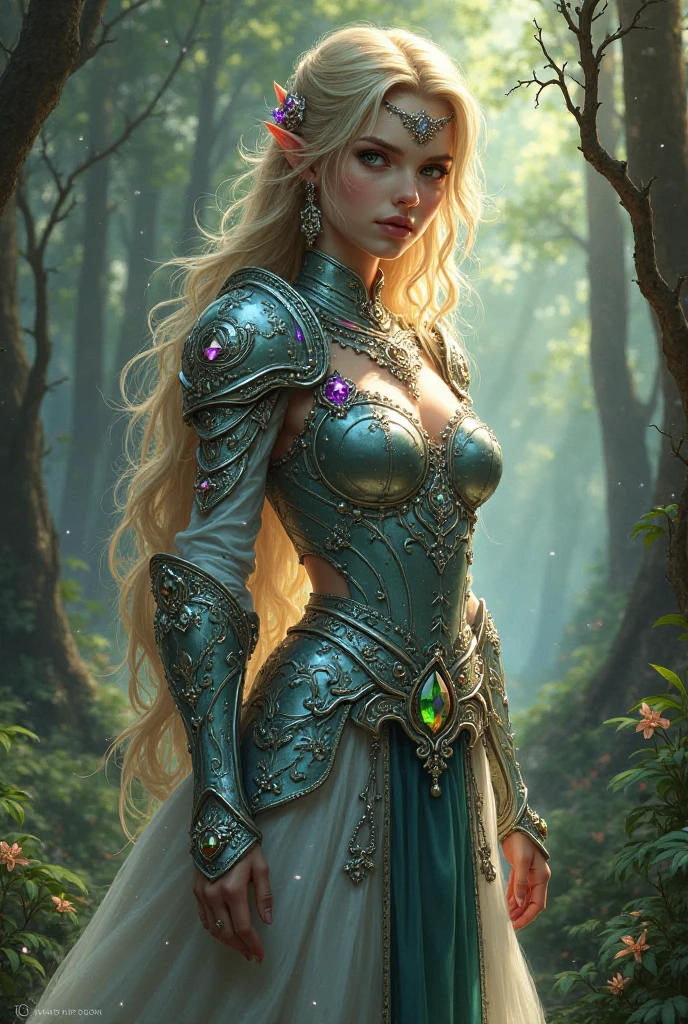 A beautiful gold dragon in human form, large breasts, wearing gold armor and blue skirt, blonde hair and blue eyes with black eyeliner, in a haunted forest, alluring, 1girl, detailed face, intricate armor, highly detailed, 8k, in style of Frank Frazetta, dramatic lighting, volumetric fog, mystical atmosphere, cinematic composition, vibrant colors, dynamic pose