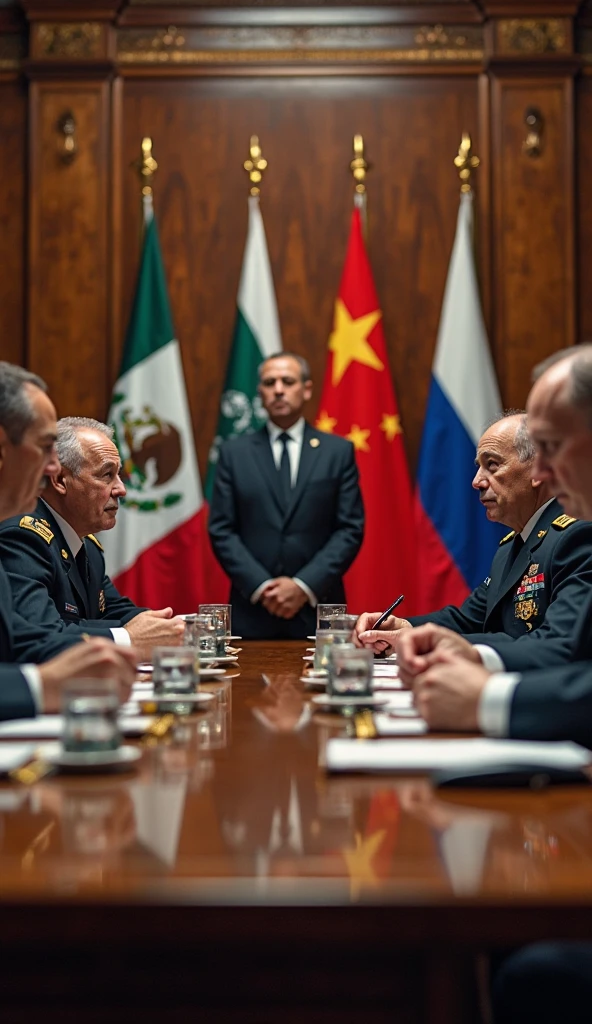 photorealistic portrait of American, Russian, Japan Chine and Brasil presidents discussing in a meeting room,highly detailed,realistic lighting,professional photography,cinematic composition,dramatic shadows,deep focus,warm color palette,elegant suits,serious facial expressions,gestures,conference table,wood paneling,window light,realistic textures,4k,best quality
