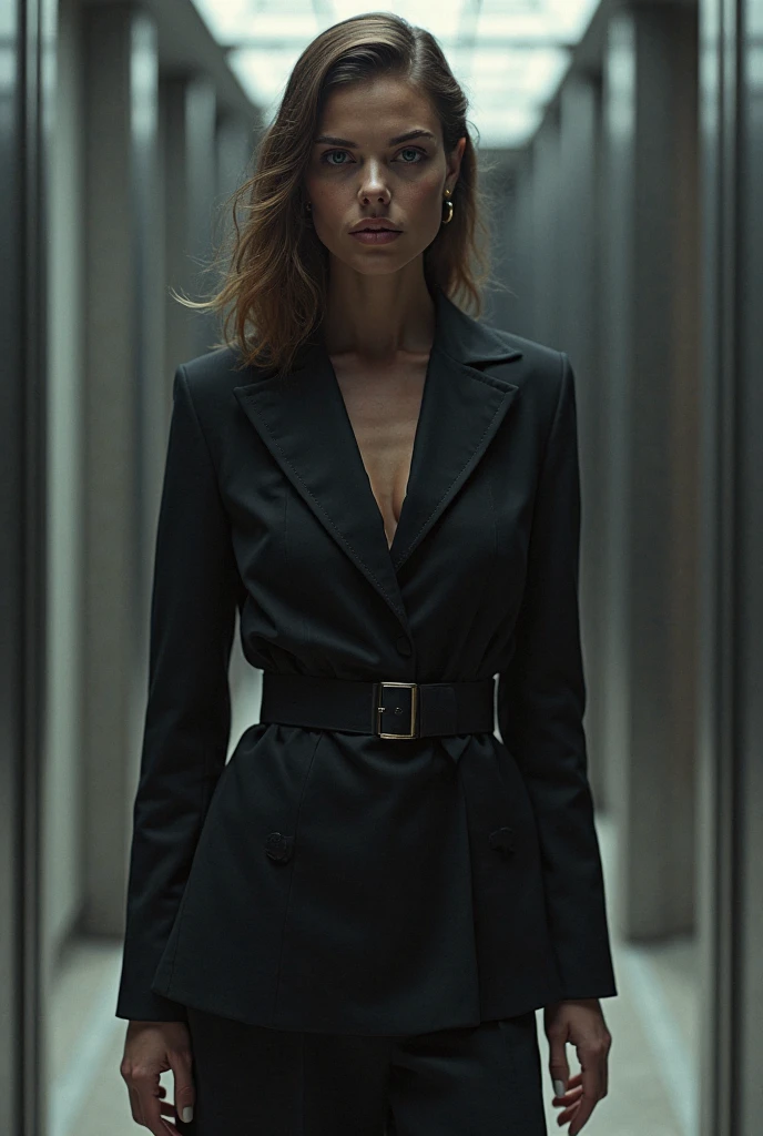 A low-angle shot of a striking young female lawyer, standing over me. She is wearing a tailored, black dress with a thigh-high slit, revealing long, shapely legs.her eyes narrowed in suspicion. Her posture is commanding, and she exudes confidence.